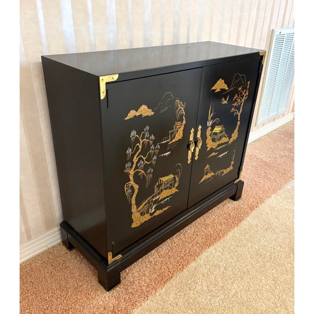 Black Lacquered Asian Painted 2-Door Chest / Cabinet For Sale - Image 4 of 4