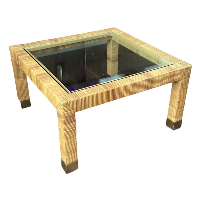 Vintage Wicker & Brass Coffee Table With New Glass Top For Sale