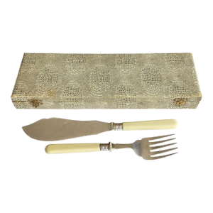 Vintage Fish Serving Knife and Fork French Bone Handles Silver Handle Holder in Original Silk Lined Box- a Pair