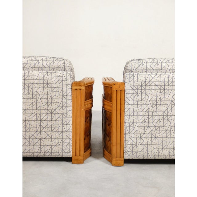 Wood Bamboo and Rattan Lounge Chairs with Graphic Fabric, 1980s, Set of 2 For Sale - Image 7 of 18