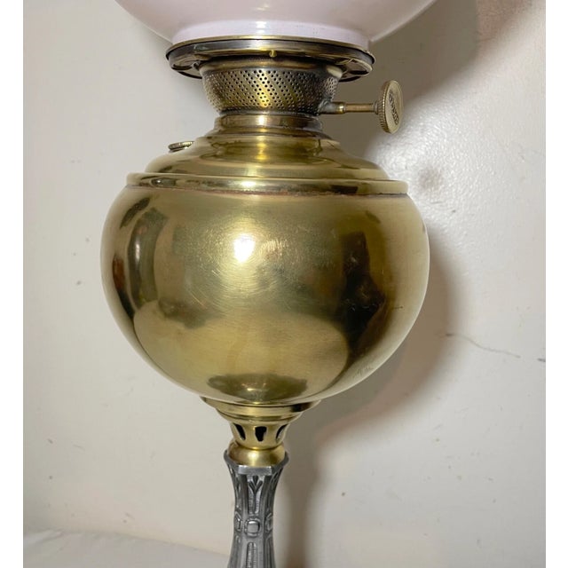 Metal Large Antique Ornate 1800s Brass Glass Electrified Oil Table Parlor Banquet Lamp For Sale - Image 7 of 12