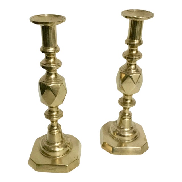 Antique Pair of Victorian English Brass Candlesticks – Queen Victoria Diamond Jubilee, 1897 For Sale