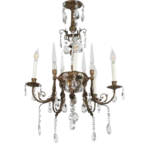 Early 20th Century French Rococo Revival Five Arm Bronze and Crystal Chandelier With Porcelain Plaques