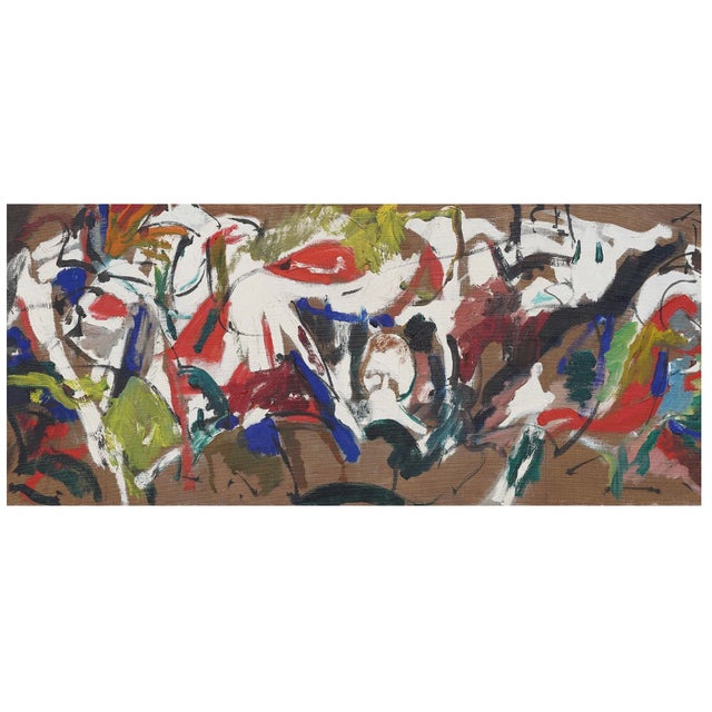 Vibrant colorful vintage abstract expressionist oil painting on canvas. Stamped "Estate of Robert Ludwig" en verso along...