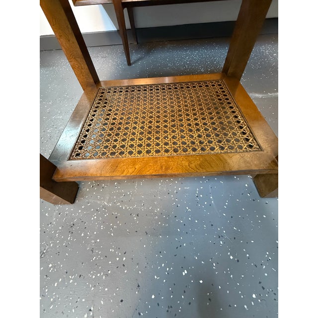 Brown 1970’s John Widdicomb Burlwood Side Table With Cane Shelf For Sale - Image 8 of 10