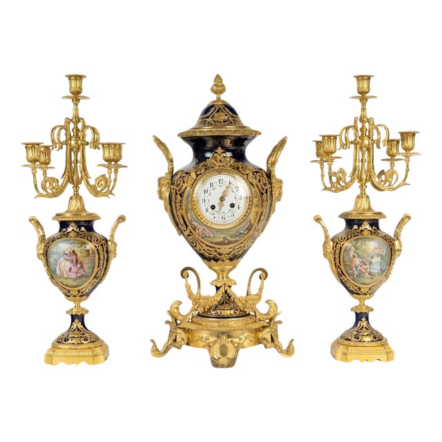 Sèvres Porcelain Mantel Set in Gilded Bronze, 1800s, Set of 3 For Sale