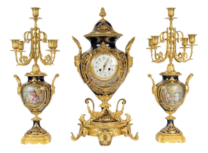 Sèvres Porcelain Mantel Set in Gilded Bronze, 1800s, Set of 3