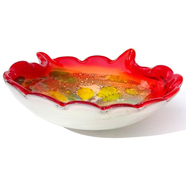Murano Vintage Red Orange Yellow Silver Flecks Green Italian Art Glass Seashell Centerpiece Bowl For Sale In Orlando - Image 6 of 10