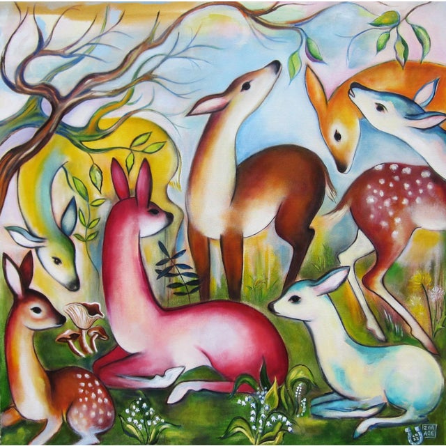 La Primavera by Zoa Ace | Oil on canvas featuring colorful deer in a natural setting For Sale