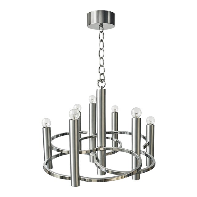 Vintage 1970's Gaetano Sciolari Polished/Brushed Chrome Chandelier in Good Condition. For Sale