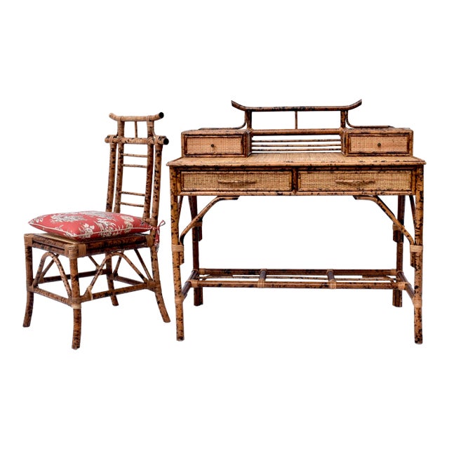 British Colonial Style Burnt Bamboo and Grasscloth Pagoda Desk and Chair For Sale