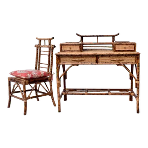 Vintage Brighton Pavillon Burnt Bamboo Chinoiserie Style Desk & Chair
