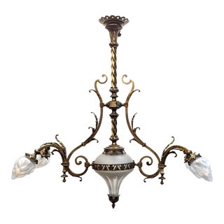 Antique French Brass & Glass Art Nouveau Chandelier For Sale