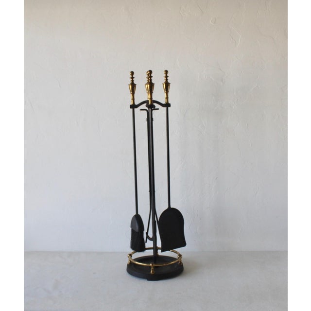 Pilgrim Vintage Mid-Century Brass Black Iron Fireplace Tool Set with Stand, French style finials, brush has real bristle,...