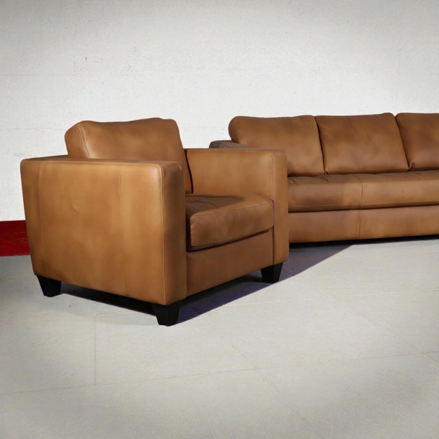 Loom Custom Leather Sofa & Armchair Set (3-Piece) – Sculptural Warm Brown Design For Sale - Image 4 of 8