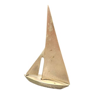 Vintage Green Marble and Brass Sailboat Heavy Bookend (One) For Sale