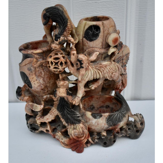 Antique Animal Carved Soapstone Triple Vase Sculpture For Sale - Image 13 of 14