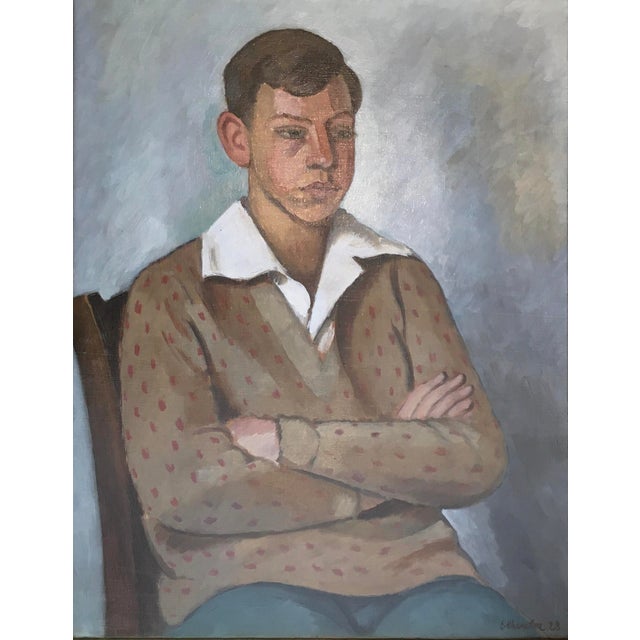 Emile-François Chambon, Jeune homme assis col blanc et pull à pois, 1928, Oil on Canvas, Framed For Sale - Image 9 of 9