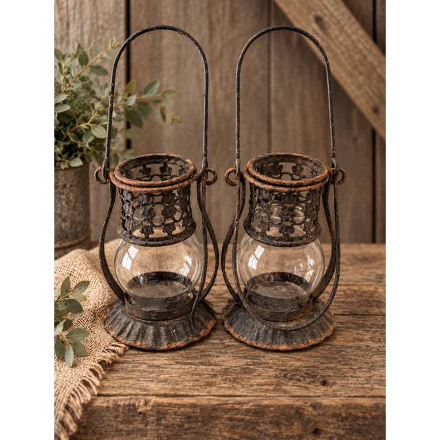 Farmhouse 1920s Gothic Revival Pierced Metal and Glass Hanging Candle Lanterns, Pair For Sale - Image 3 of 10