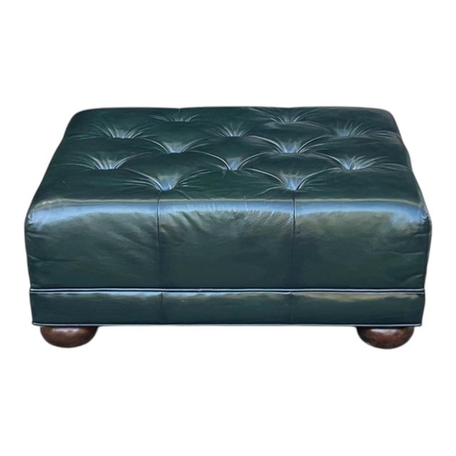 English Vintage Deep Green Tufted Leather Ottoman For Sale - Image 3 of 11