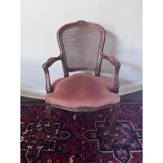French Provincial Vintage Chateau d'Ax French Provincial Louis XV Fauteuil Armchair Suede Leather, Cane Back, Wernermeier Industries Inc For Sale - Image 3 of 12