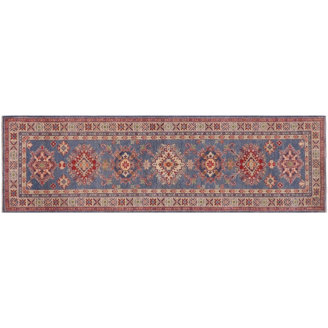 Boho Chic Tribal Kazak Light Blue/Beige Wool Runner Rug- 2'9''x9'6'' For Sale - Image 10 of 10