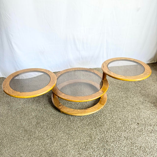 Mid Century Modern Three Tier Oak and Smoked Glass Swivel Coffee Table For Sale In Miami - Image 6 of 10