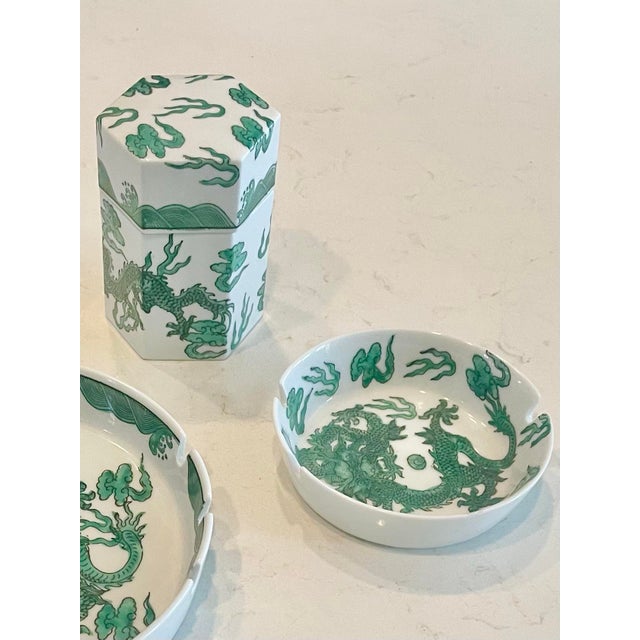 Vintage Japanese Green Dragon Porcelain Ashtrays & Holder Set - 3pc. Set For Sale - Image 4 of 8