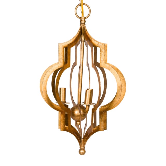 Mid 20th Century Mid Century Modern French Gilt Metal Three-Light Lantern with Scrolling Effects, Wired For Sale - Image 4 of 12