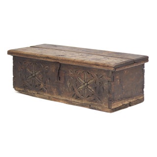 Antique Rustic Folk Art Spanish Carved Chest For Sale