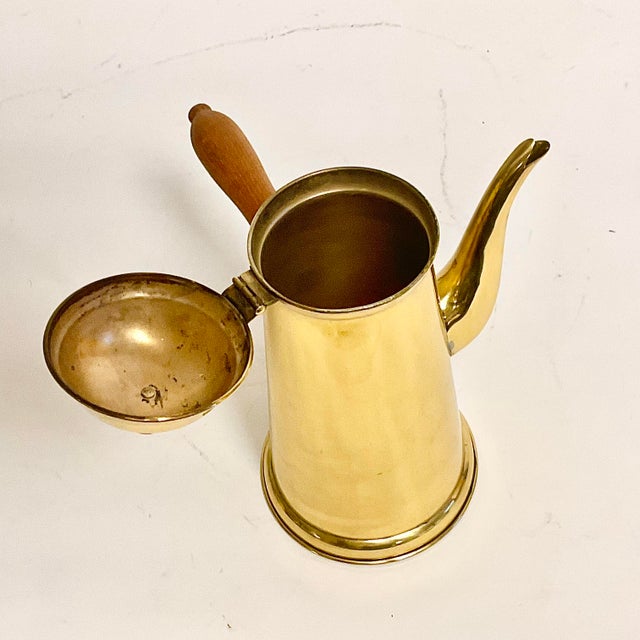 Vintage English Hollywood Regency Brass Over Stainless Chocolate-Coffee Pot With Wood Handle For Sale - Image 6 of 9
