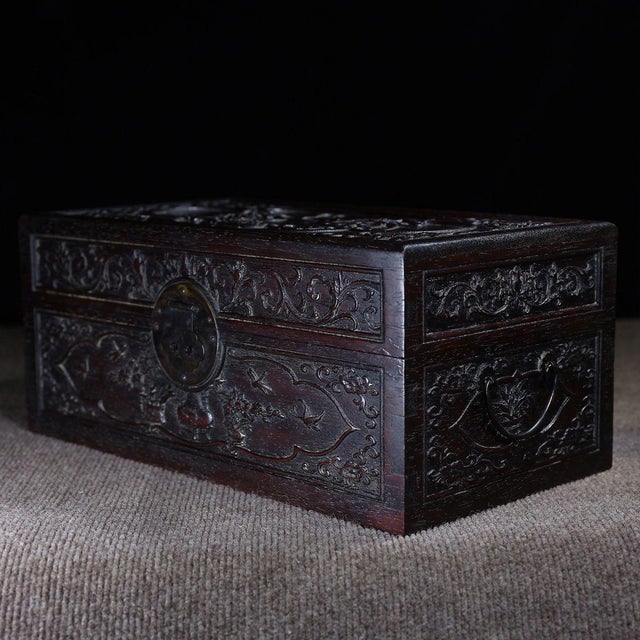 Zitan Wood Box Carved With Floral Motif For Sale In Los Angeles - Image 6 of 10