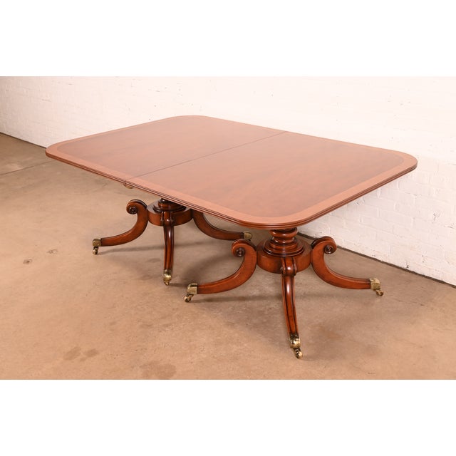 Brown Baker Furniture Style Georgian Banded Mahogany Double Pedestal Dining Table, Newly Refinished For Sale - Image 8 of 15