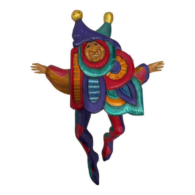 Hand-Carved Wooden Jester Wall Art With Drawer Artist Signed 1996 Rare For Sale