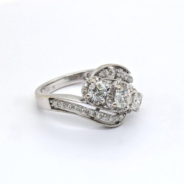 14k White Gold Diamond Three-Stone Engagement Ring - Size 7 For Sale - Image 9 of 11
