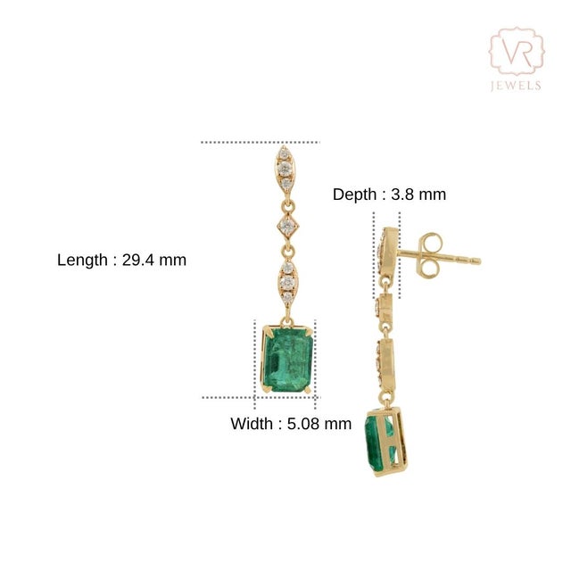Vibrant 2.69ct Zambian Emerald Diamond Wedding Drop Earrings in 14k Solid Gold- A Pair For Sale - Image 10 of 15