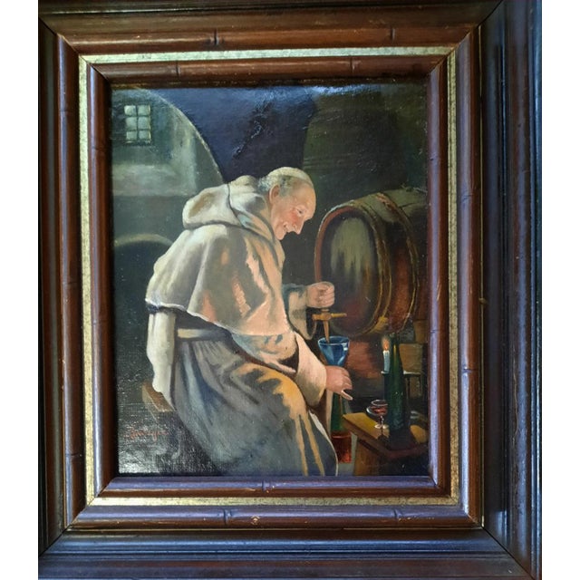 A finely detailed original oil painting on canvas by E. Grützner, capturing a classic humorous genre scene of a cheerful...