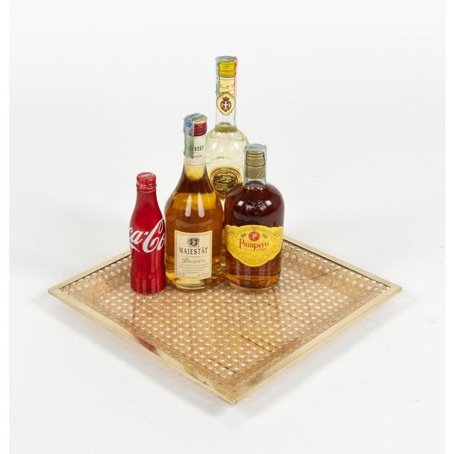Mid-Century Modern Mid-Century Acrylic Glass, Rattan and Brass Serving Tray in the style of Dior Home, Italy, 1970s For Sale - Image 3 of 10