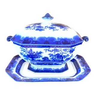 Antique Flow Blue Soup Tureen and Platter For Sale