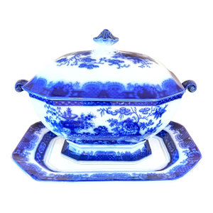 Antique Flow Blue Soup Tureen and Platter