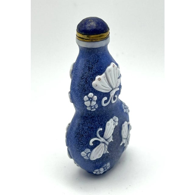 Early 21st Century Blue Frosted Beijing Glass Double Gourd Shaped Snuff Bottle With Qianlong Mark For Sale - Image 5 of 11