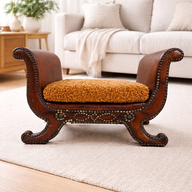 Beige Swedish Leather Footstool attributed to Otto Schulz for Boet, 1930s Art Deco Studded Stool For Sale - Image 8 of 8