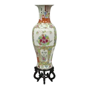Antique Chinese Famille Rose Porcelain Urn Vase Vessel Temple Jar on Base