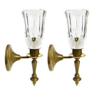 Mid 20th Century Solid Gold Brass Wall Sconces Candle Holders With Glass Hurricane Shade - a Pair For Sale