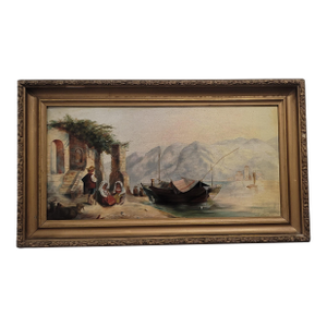 L. T Whitney 19th-Century Dutch Painting of People Working at the Harbor, Framed