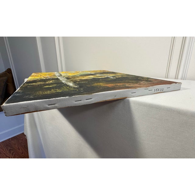 Farmhouse Vintage Traditional Impressionist Original Still LIfe Landscape "Aspens" Oil Painting on Canvas, Yellow, Mint Green, Black For Sale - Image 3 of 11