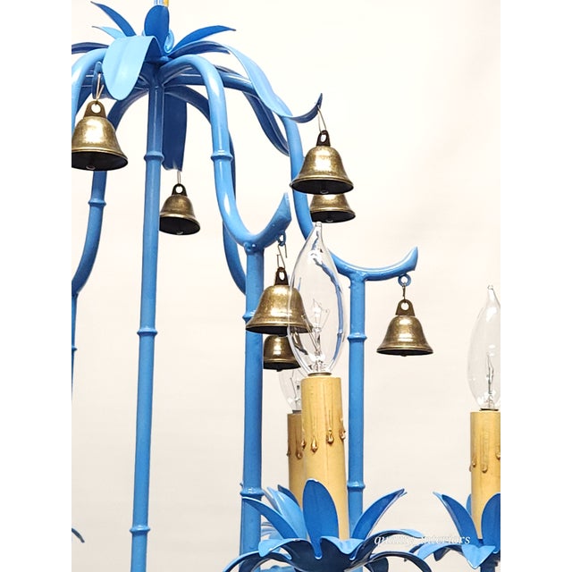 Splendid Italian Tole Vintage Baby Blue Faux Bamboo Pagoda Brass Chandelier ~ Rewired ~ Restored ~ Rejuvenated ~ Ready to Hang ~ For Sale In South Bend - Image 6 of 12