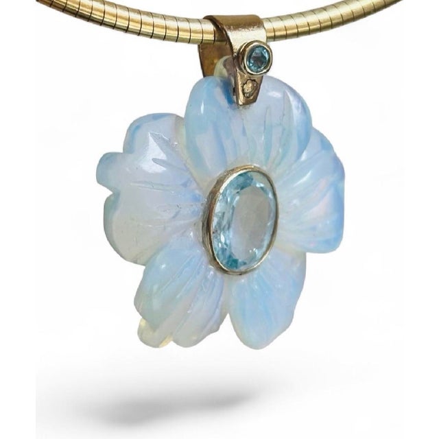 Flora Pendant, Opalite Flower With Sky Blue Topaz & 14k Gold For Sale - Image 4 of 5