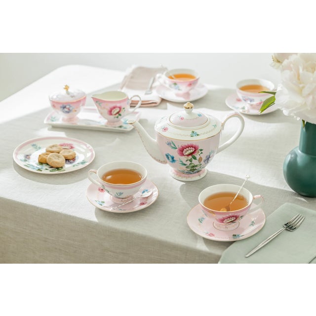 French Country Vintage-Inspired Floral Deluxe Tea Candle Set With Teapot and Two Teacups, Hand-Poured Reusable Ceramic Set For Sale - Image 3 of 5