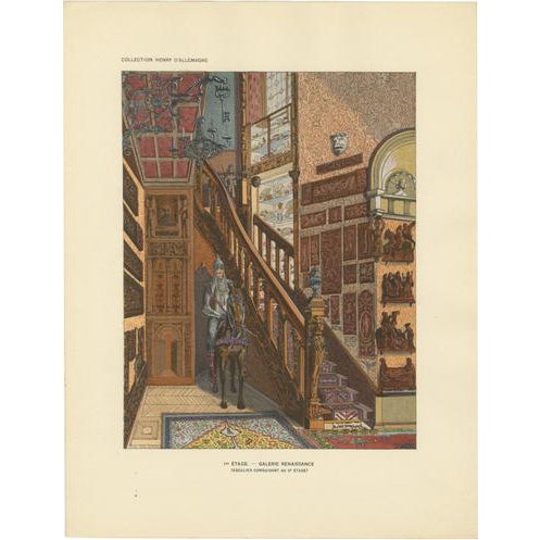 After Henry dAllemagne, Renaissance Stair Hall with Armored Knight Figure, 1900, Print For Sale